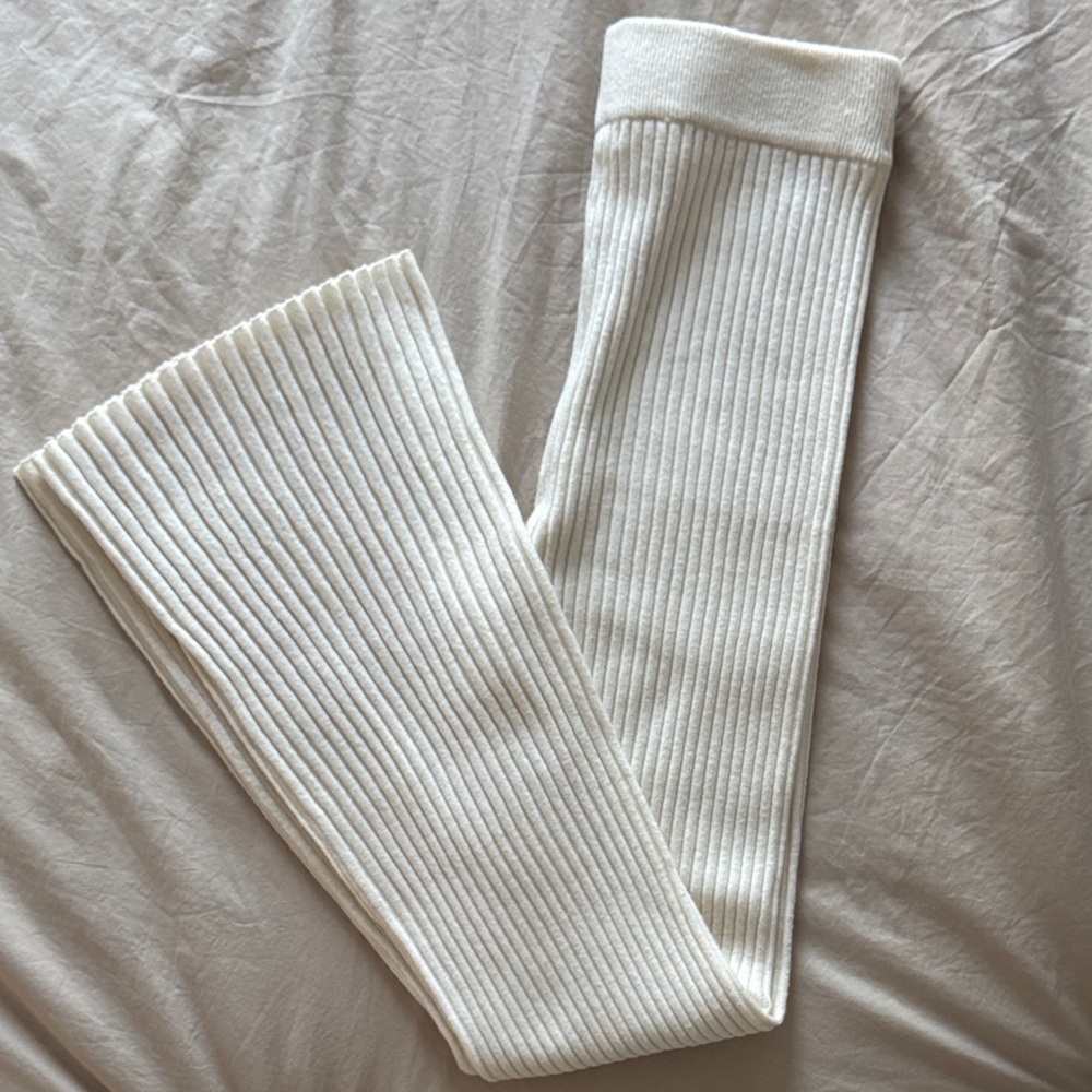 Elegant Cream Ribbed Wide Leg Pants